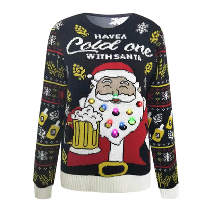 Autumn & Winter European Christmas Sweater for Women - Casual Santa Jacquard Pullover with LED Lights - Long Sleeve, Loose Fit Holiday Sweater