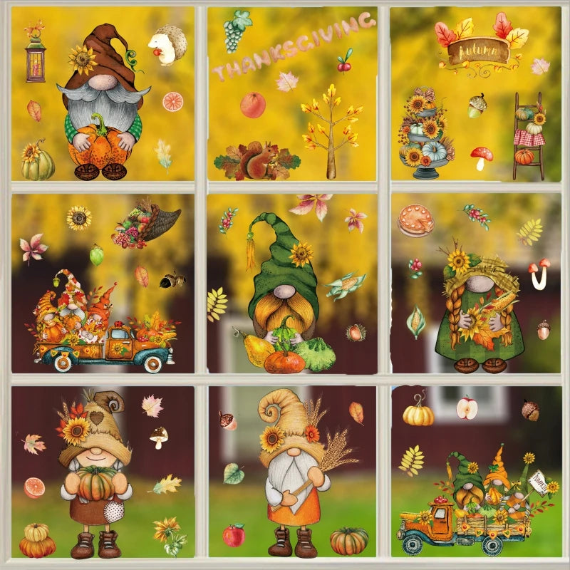 Thanksgiving Window Stickers Autumn Window Clings Faceless Doll Maple Turkey Electrostatic Decals DIY Festival Home Party Decor