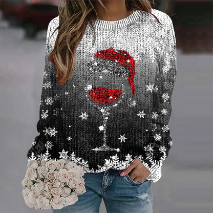 2024 Long Sleeve Christmas Sweater for Women - Red Santa Hat Print Pullover - Holiday Sweatshirt Tops for New Year Gifts & Christmas Clothes