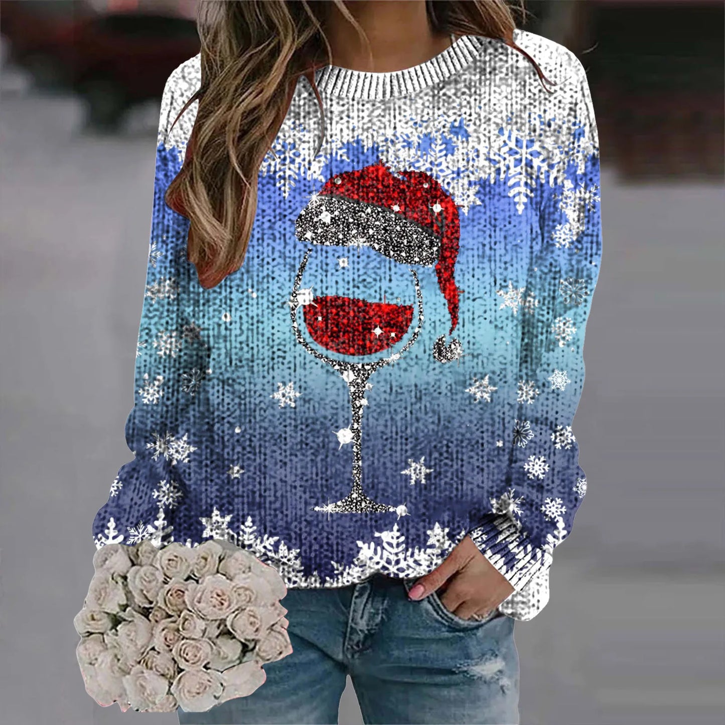 2024 Long Sleeve Christmas Sweater for Women - Red Santa Hat Print Pullover - Holiday Sweatshirt Tops for New Year Gifts & Christmas Clothes