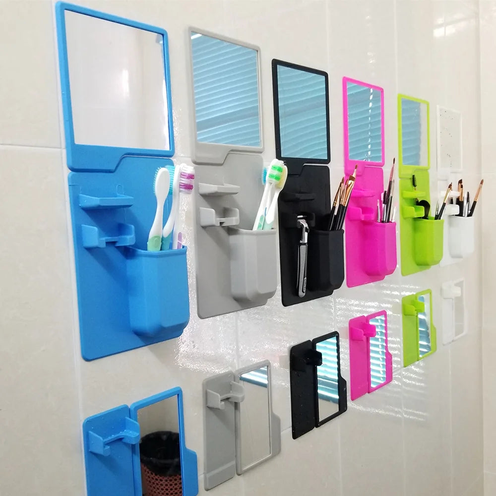 Self-adhesive Silicone Shower Mirror for Razor Toothbrush Toothpaste Holder Storage Bathroom Accessories Wall Shelves Travel Set