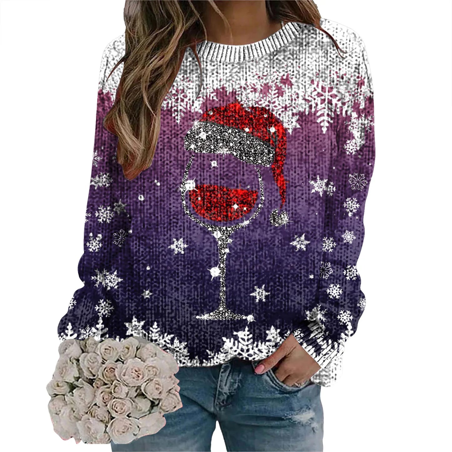 2024 Long Sleeve Christmas Sweater for Women - Red Santa Hat Print Pullover - Holiday Sweatshirt Tops for New Year Gifts & Christmas Clothes